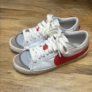 Grey, Red, and White Nike Sneakers